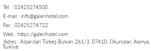 Galeri Resort Hotel telefon numaralar, faks, e-mail, posta adresi ve iletiim bilgileri